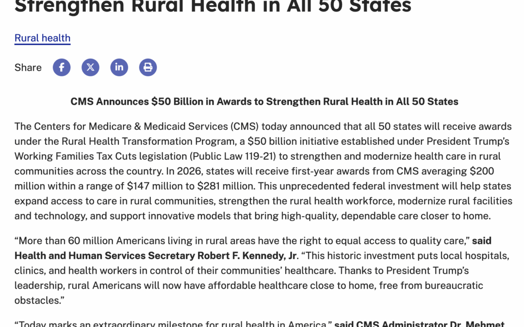 CMS Announces $50 Billion in Awards to Strengthen Rural Health in All 50 States